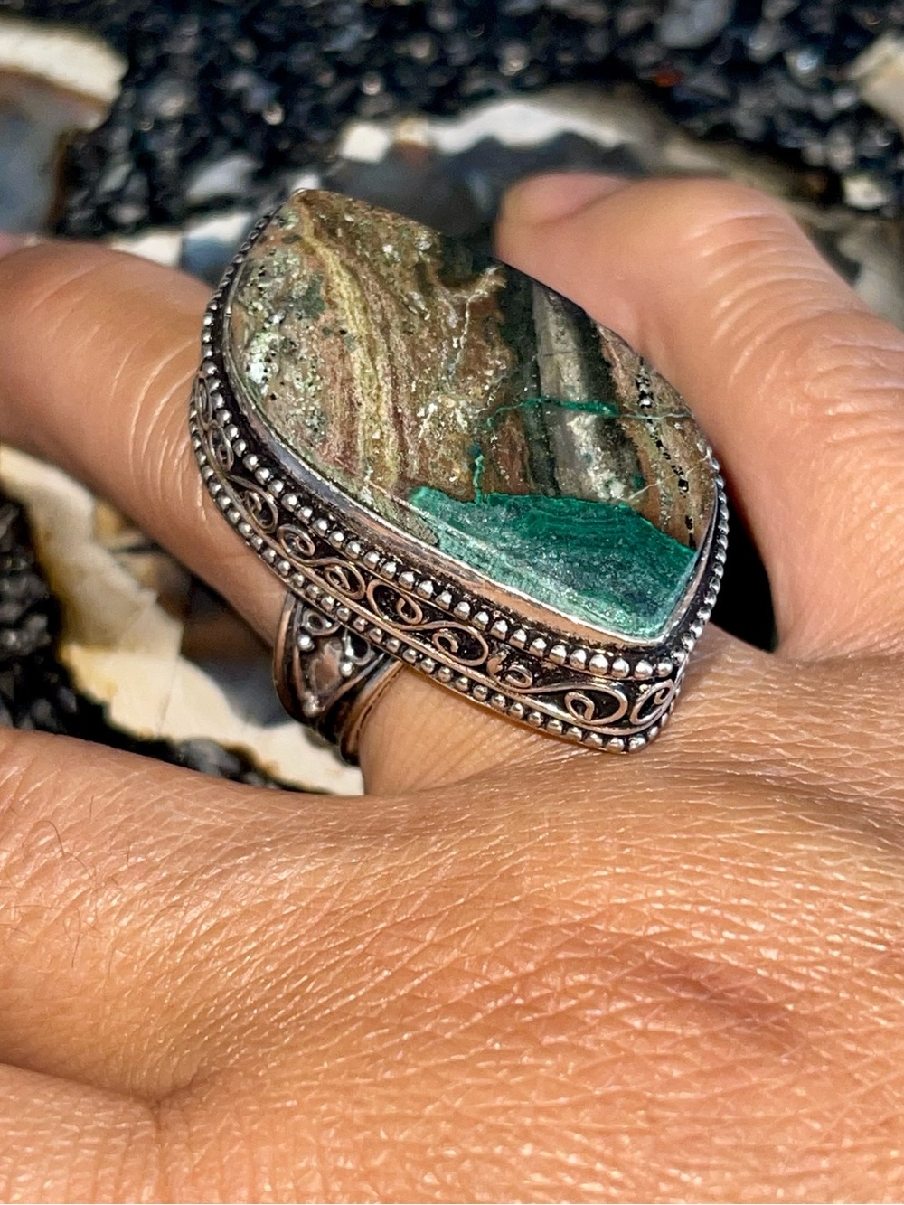 Earthy Banded Chrysocolla Malachite Ring Size 8 3/4